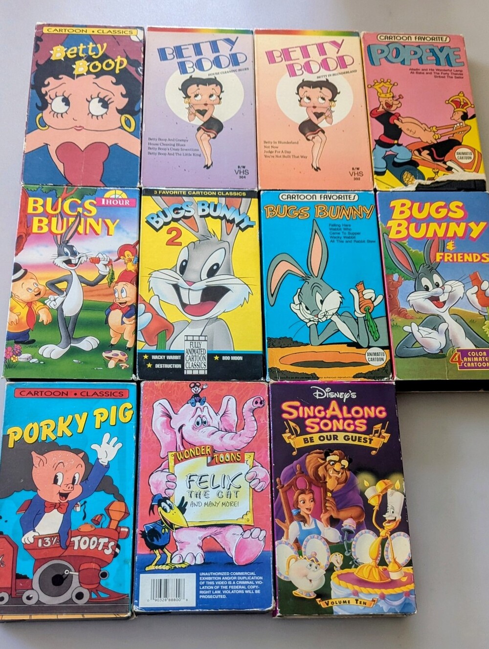 Lot Of 11 Classic Cartoon VHS Tapes: Bugs Bunny, Betty Boop, POPEYE, Sing Along